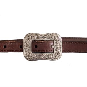 Vintage Western Brown Genuine Leather Engraved Antique Silver Floral Belt